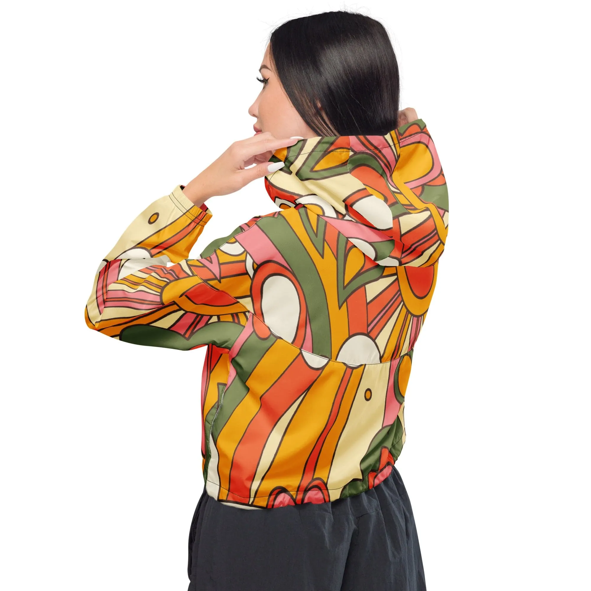 70s Retro Sunshine Mid Century Modern Hippie, Orange, Yellow Women’s Cropped Windbreaker