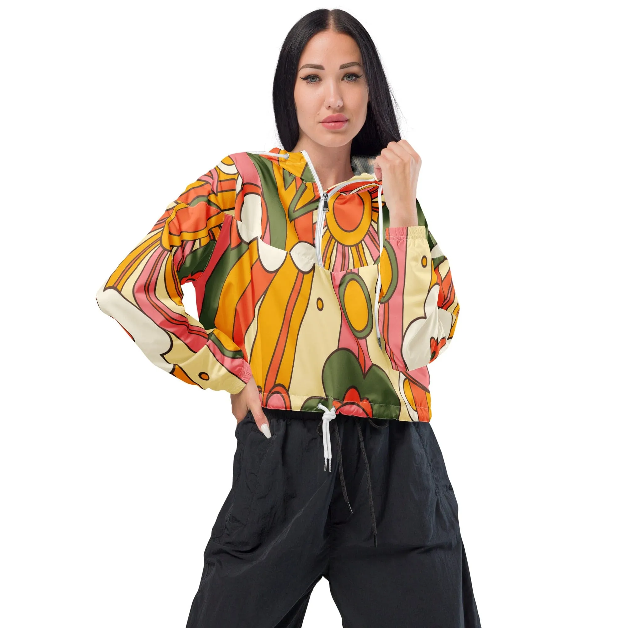 70s Retro Sunshine Mid Century Modern Hippie, Orange, Yellow Women’s Cropped Windbreaker