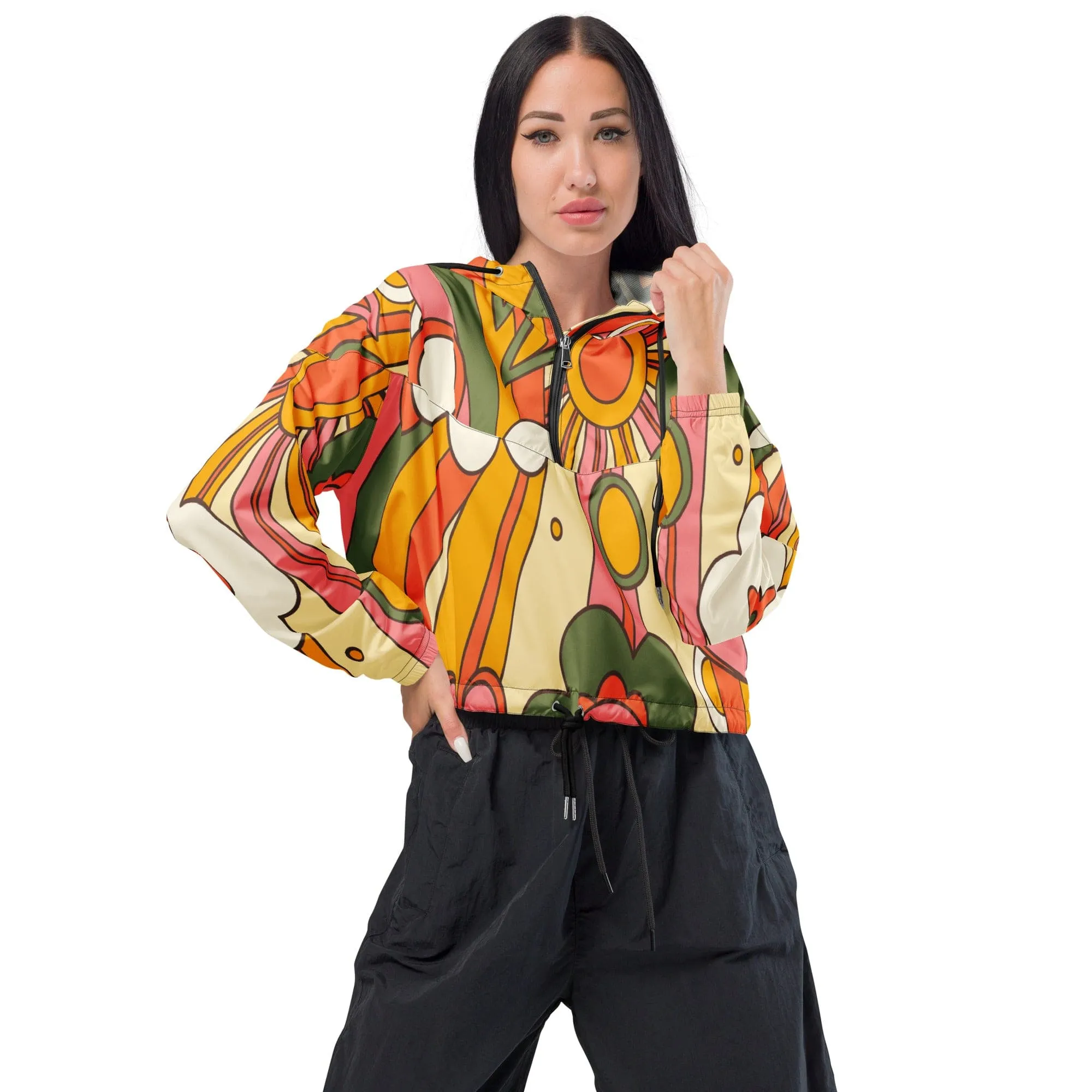 70s Retro Sunshine Mid Century Modern Hippie, Orange, Yellow Women’s Cropped Windbreaker