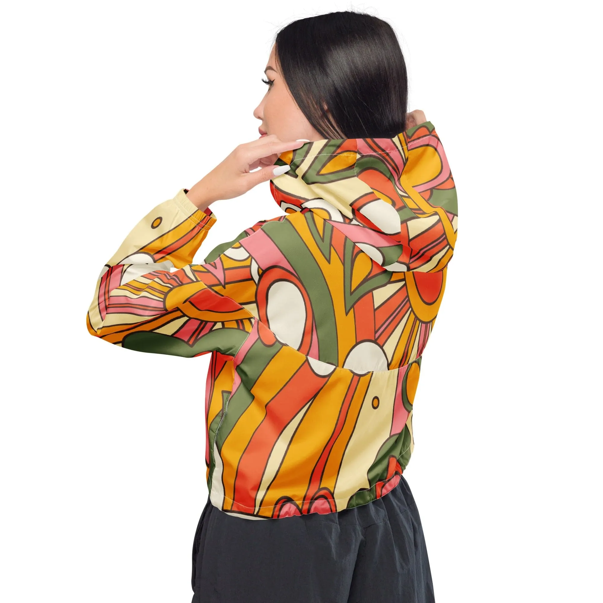 70s Retro Sunshine Mid Century Modern Hippie, Orange, Yellow Women’s Cropped Windbreaker