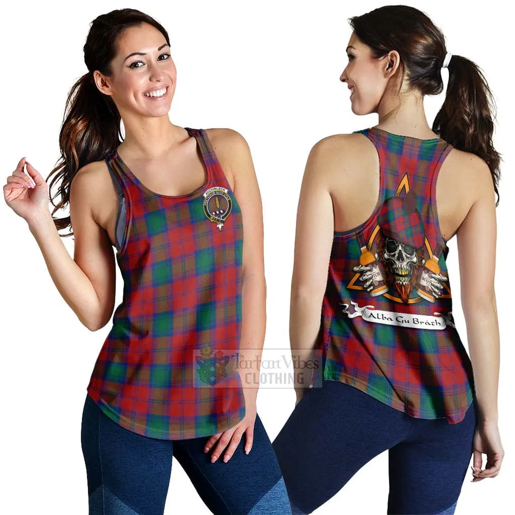 Auchinleck (Affleck) Tartan Women's Racerback Tanks with Family Crest and Bearded Skull Holding Bottles of Whiskey