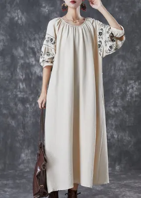 Beige Cotton Maxi Dresses Puff Sleeve