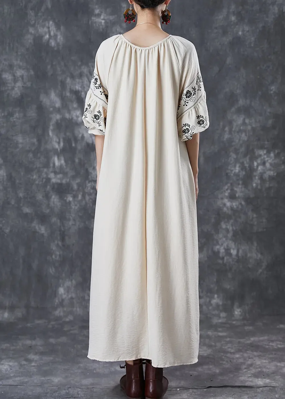 Beige Cotton Maxi Dresses Puff Sleeve