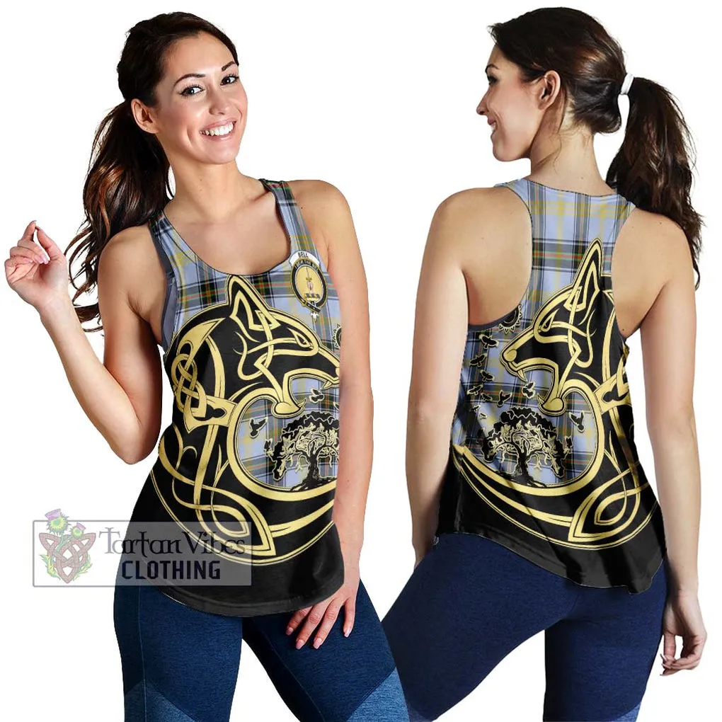 Bell Tartan Women's Racerback Tanks with Family Crest Celtic Wolf Style