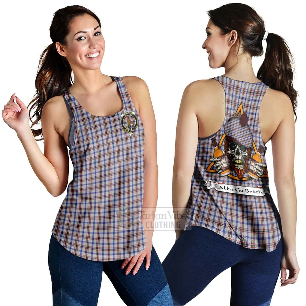 Boswell Tartan Women's Racerback Tanks with Family Crest and Bearded Skull Holding Bottles of Whiskey