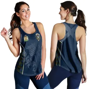 Buchanan Hunting Tartan Women's Racerback Tanks with Family Crest and Scottish Thistle Vibes Sport Style