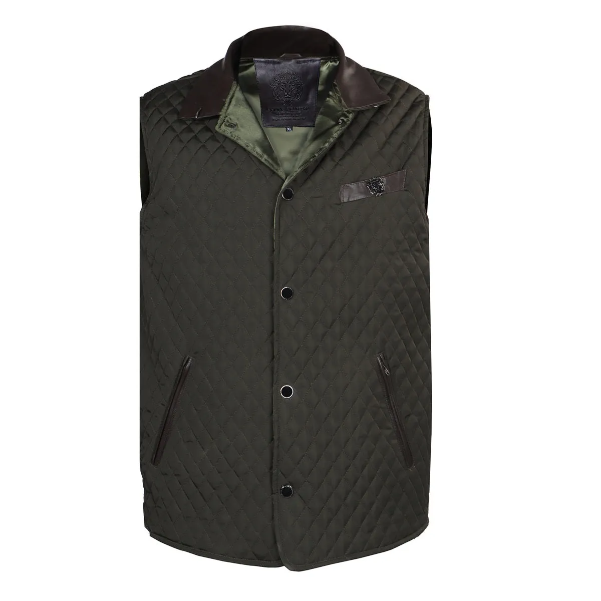 Diamond Stitched Olive Puffer Vest with Dark Brown Leather Trims Collar & Pockets by Brune & Bareskin