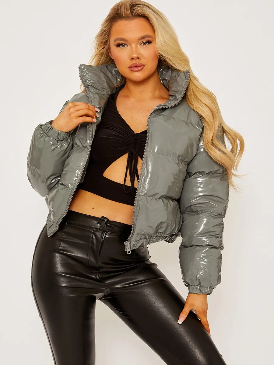 Emilia PVC Leather Cropped Puffer Jacket In Grey