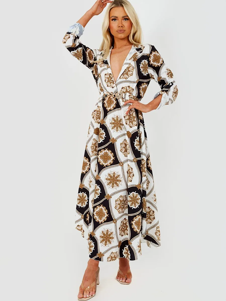 Erica Chain Detail Pattern Print Maxi Dress In Monochrome