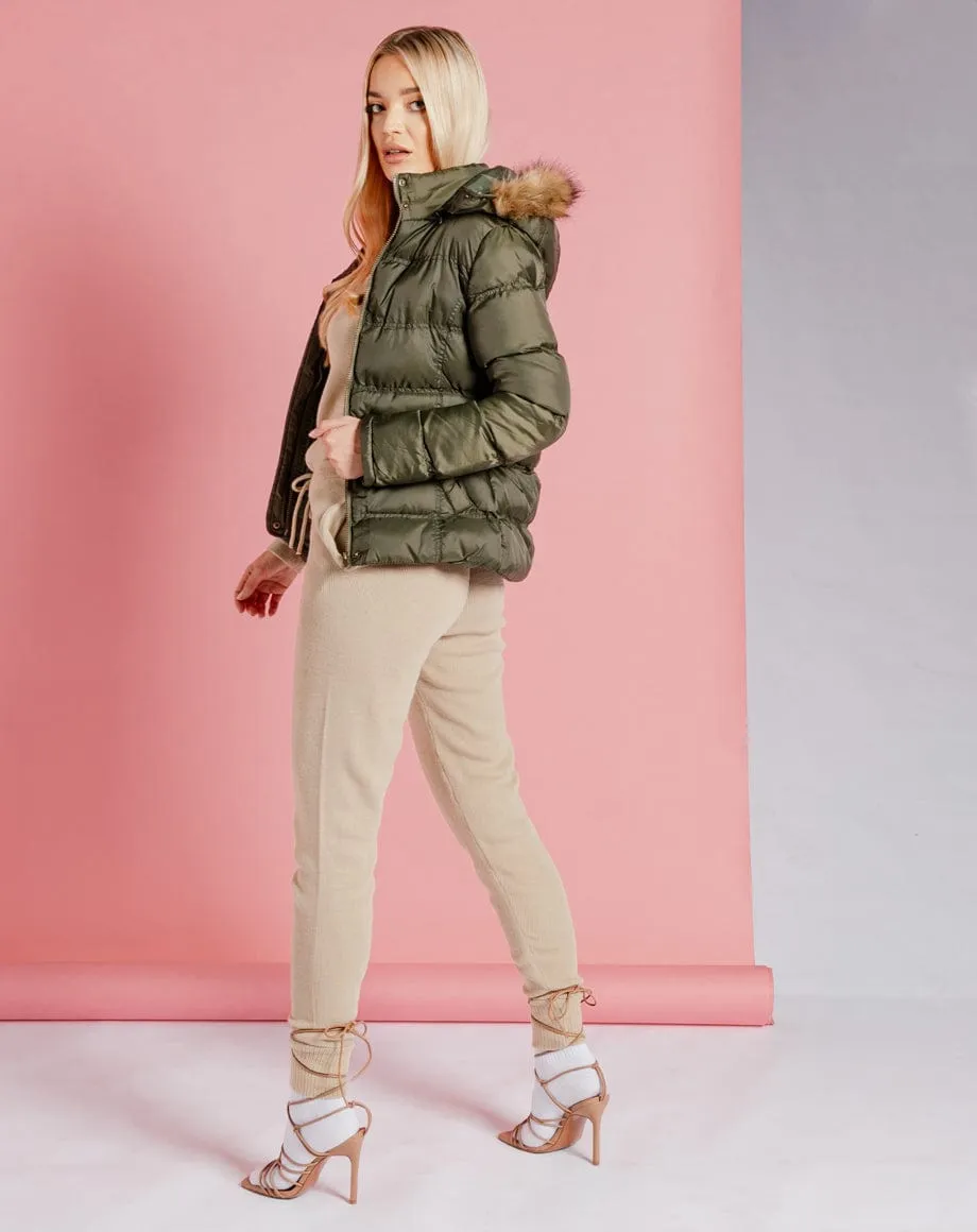 Faux Fur Hood Puffer Jacket - Khaki