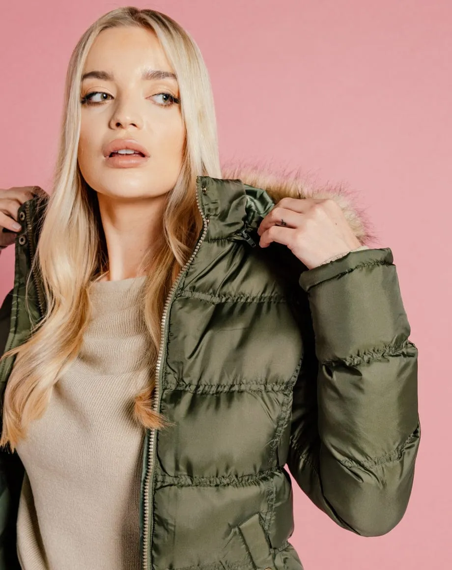 Faux Fur Hood Puffer Jacket - Khaki