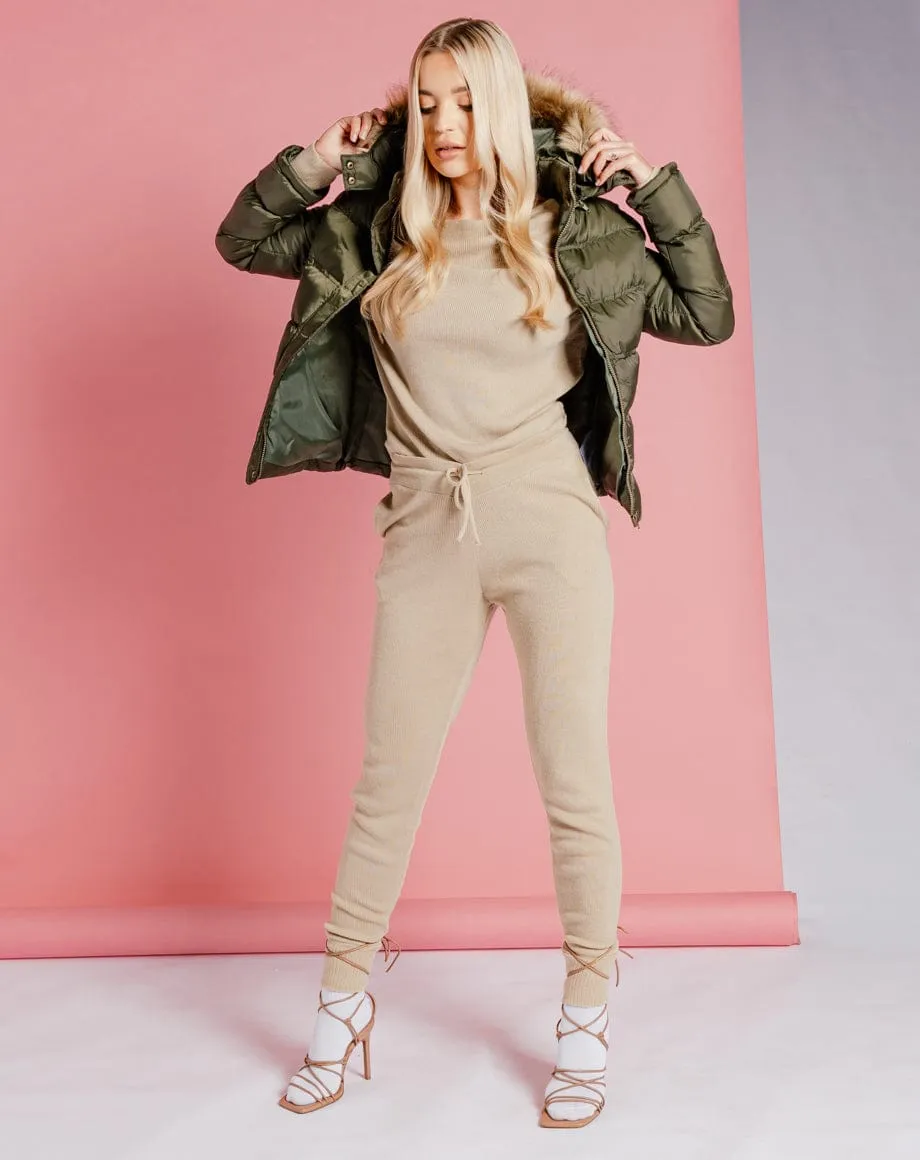 Faux Fur Hood Puffer Jacket - Khaki