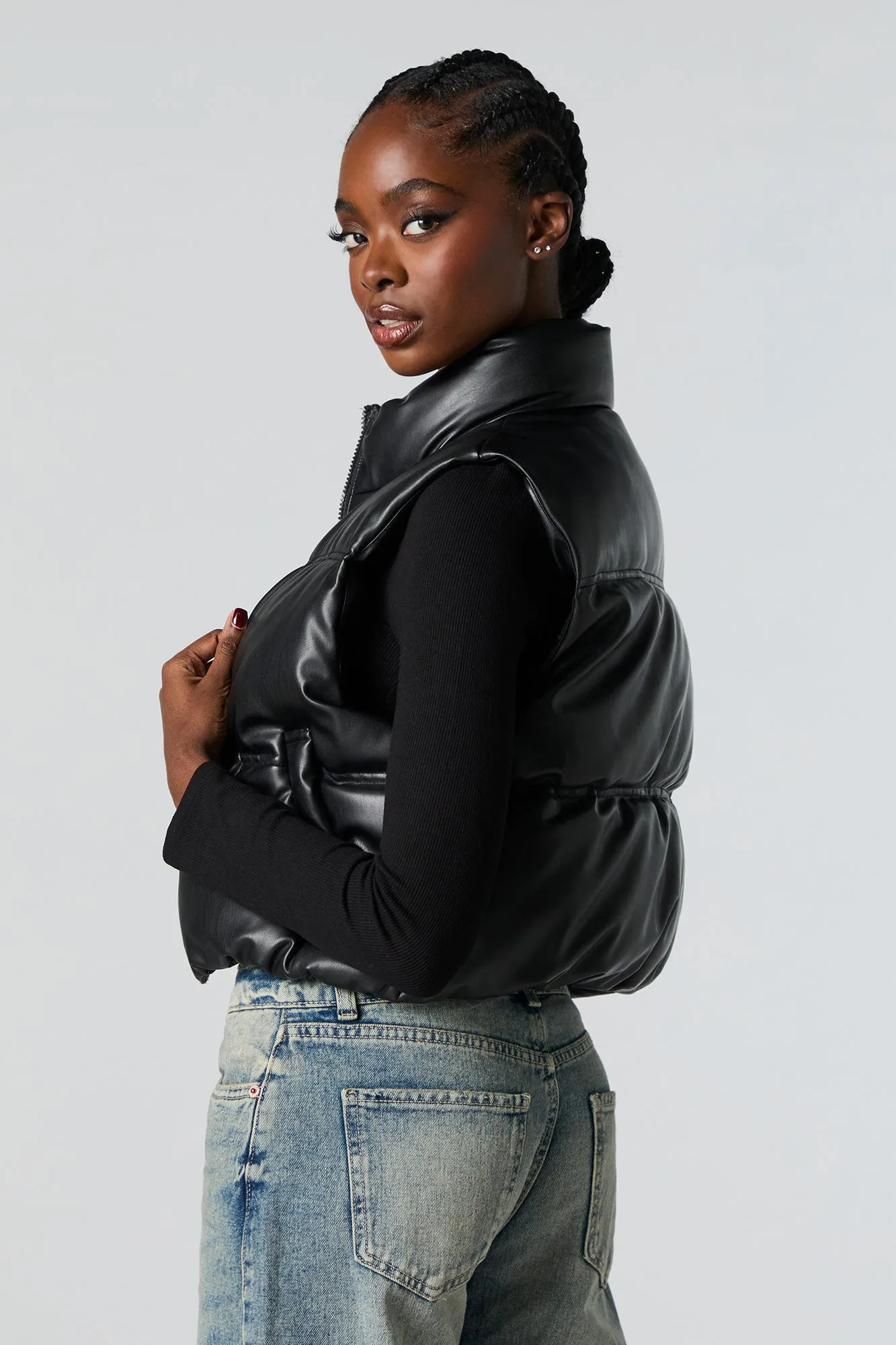 Faux Leather Cropped Puffer Vest