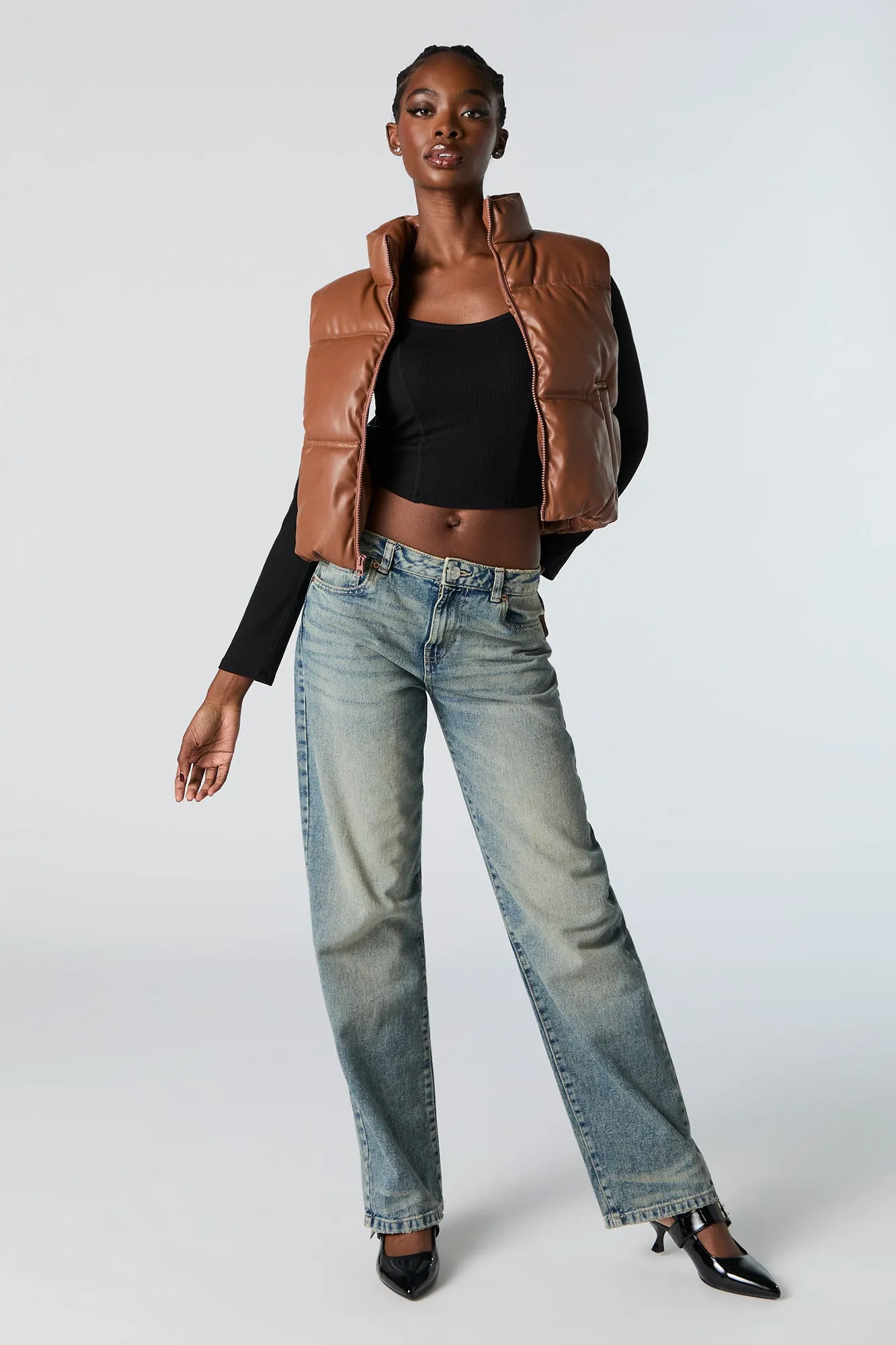 Faux Leather Cropped Puffer Vest