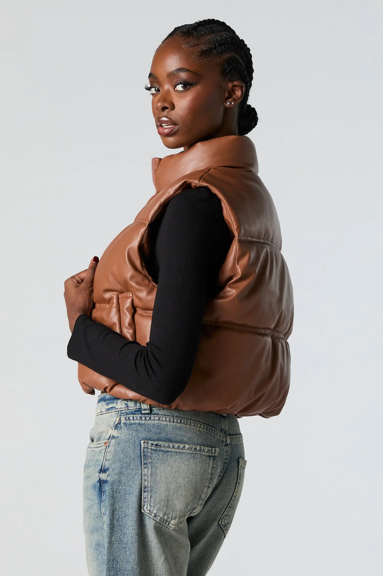 Faux Leather Cropped Puffer Vest