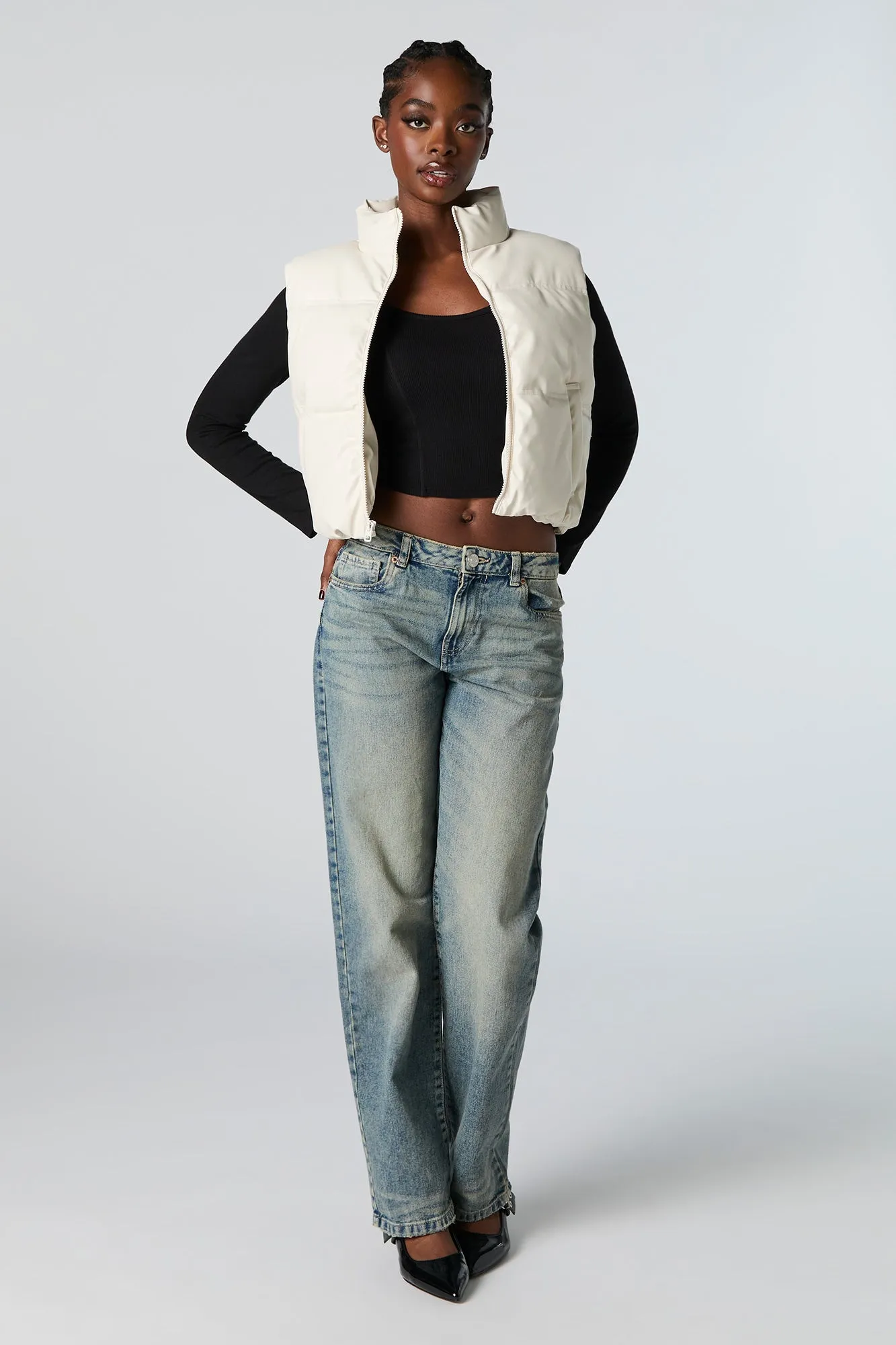 Faux Leather Cropped Puffer Vest