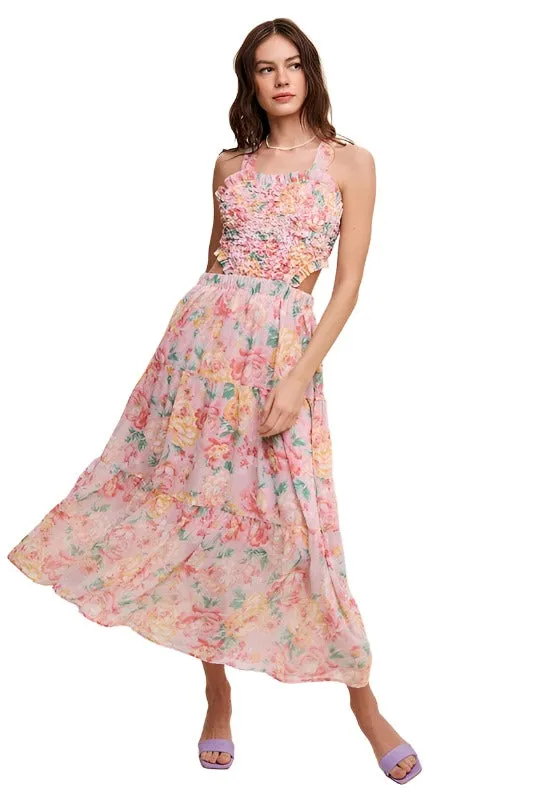 Floral Bubble Textured Two-Piece Style Maxi Dress