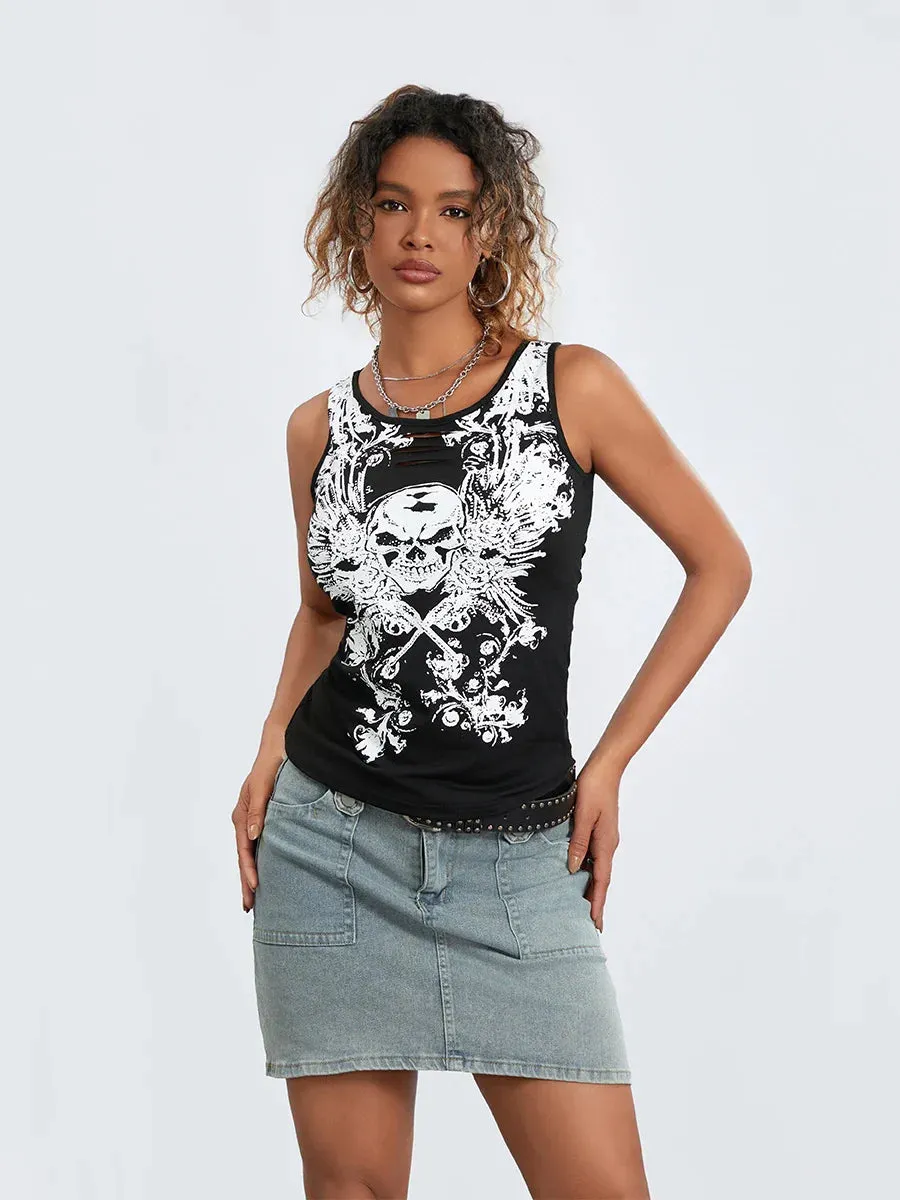 Goth Crop Grunge Print Running Tank Fairy Summer Skull Hollow-Out Sleeveless Top