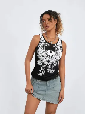 Goth Crop Grunge Print Running Tank Fairy Summer Skull Hollow-Out Sleeveless Top