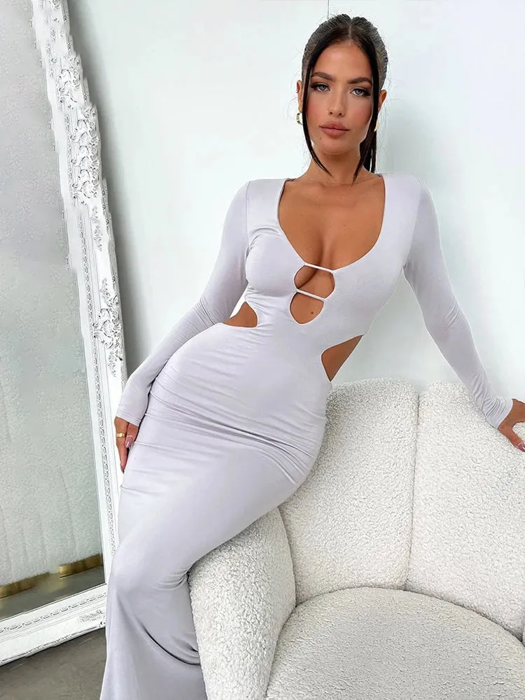 Hollow Out Nightclub Slim Bodycon Long Elegant Autumn Winter Maxi Dress