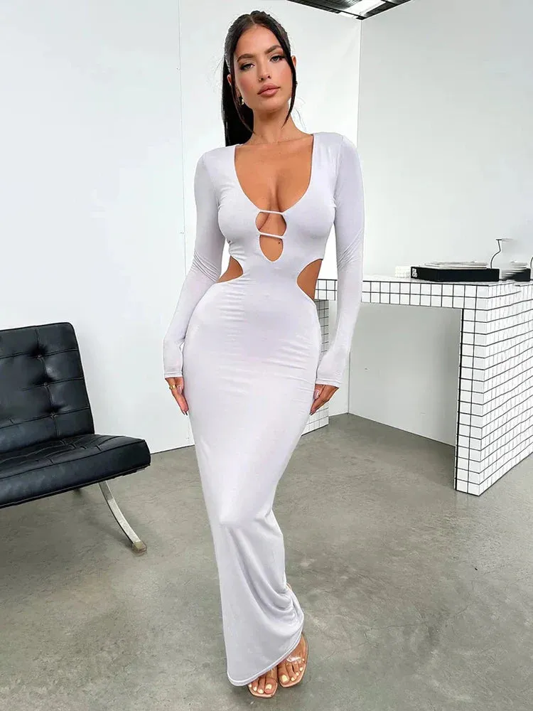 Hollow Out Nightclub Slim Bodycon Long Elegant Autumn Winter Maxi Dress