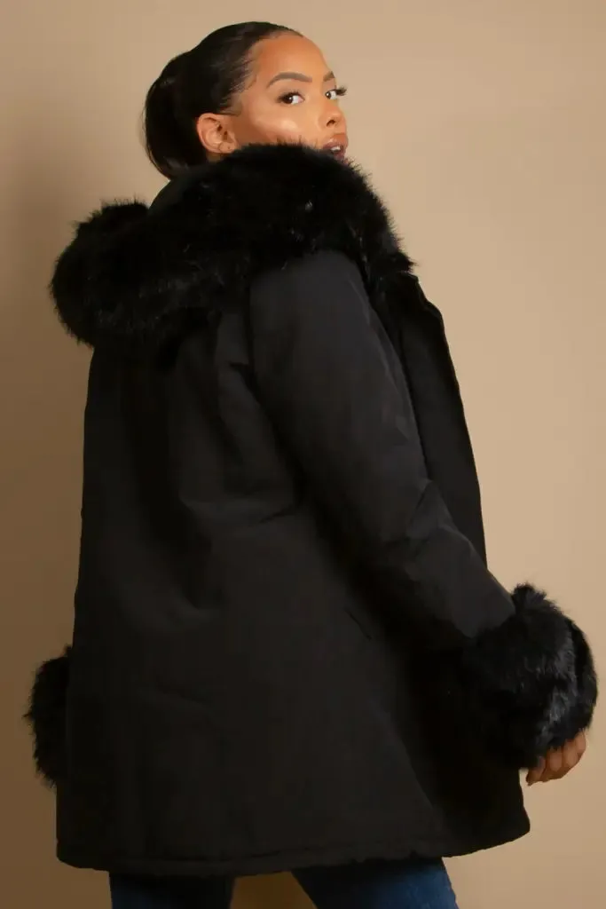 Hooded Parka Coat With Chunky Faux Fur Cuff