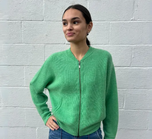 Kinross Cashmere - Honeycomb Zip Bomber Jacket in Jade