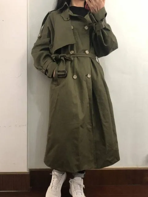 Loose cotton trench coat with sashes oversize double breasted vintage cloak overcoats windbreaker