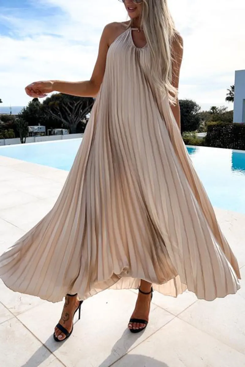 Pleated Halter Neck Backless Maxi Dress