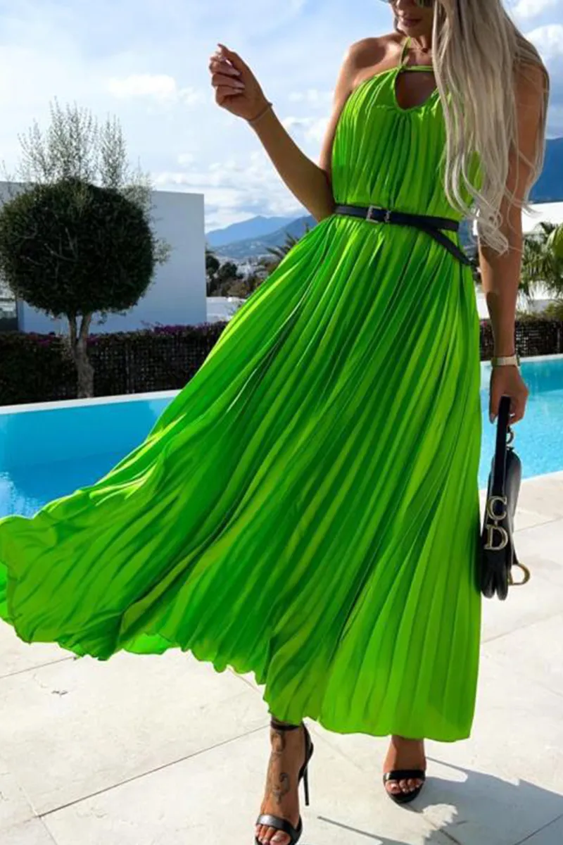 Pleated Halter Neck Backless Maxi Dress