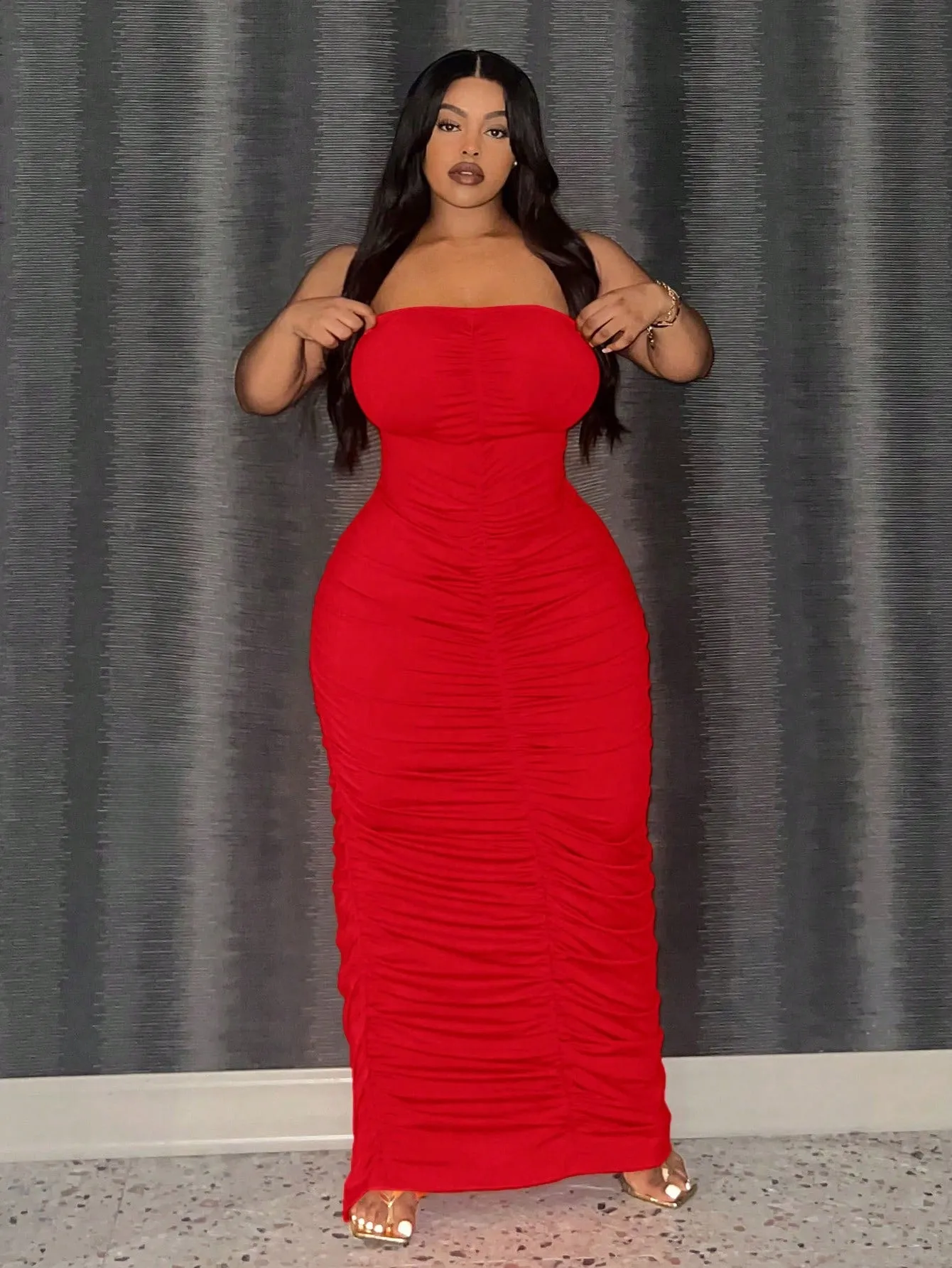 Plus Size Pleated Strapless Long Elegant Bodycon Dress