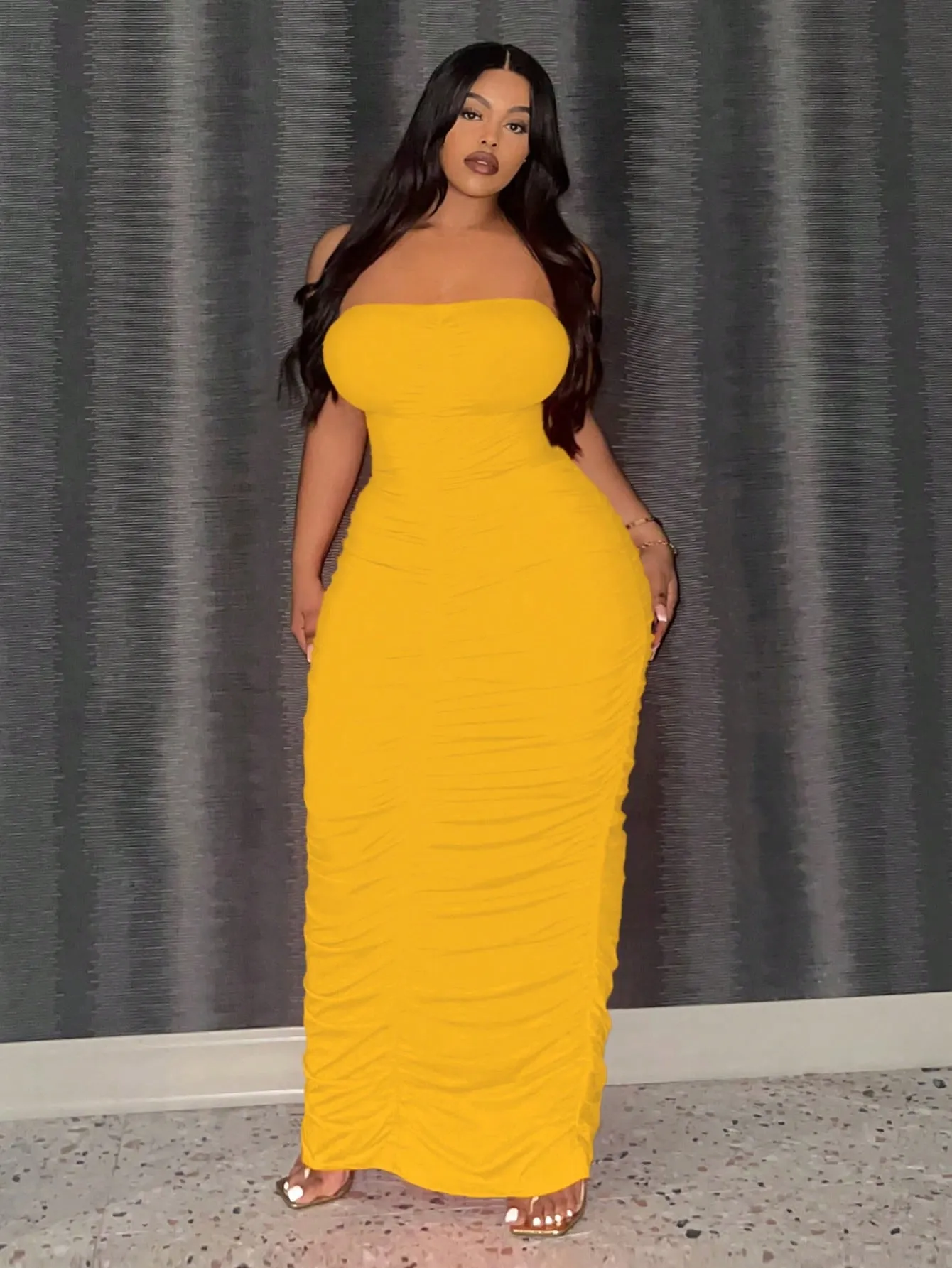 Plus Size Pleated Strapless Long Elegant Bodycon Dress