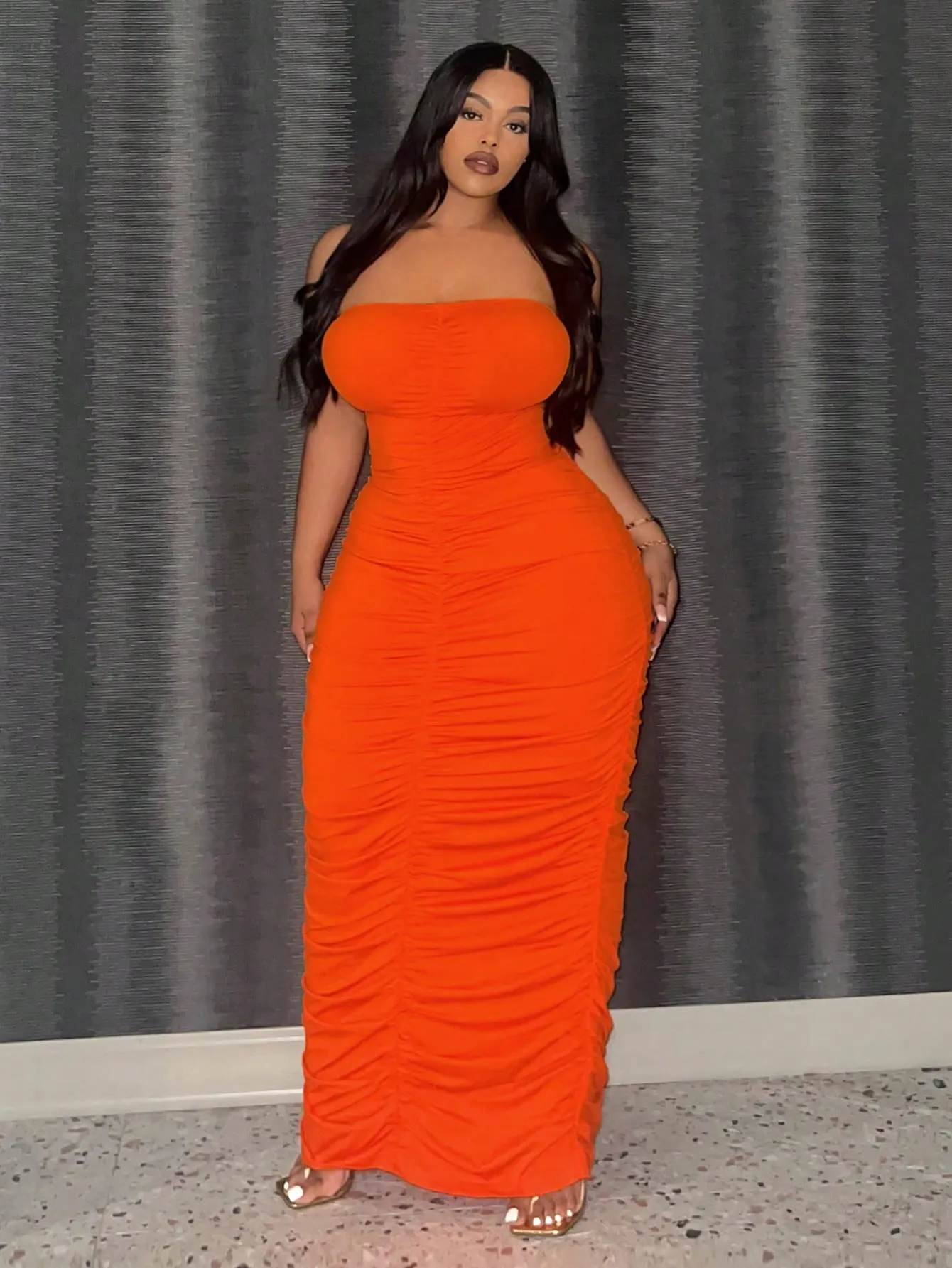 Plus Size Pleated Strapless Long Elegant Bodycon Dress