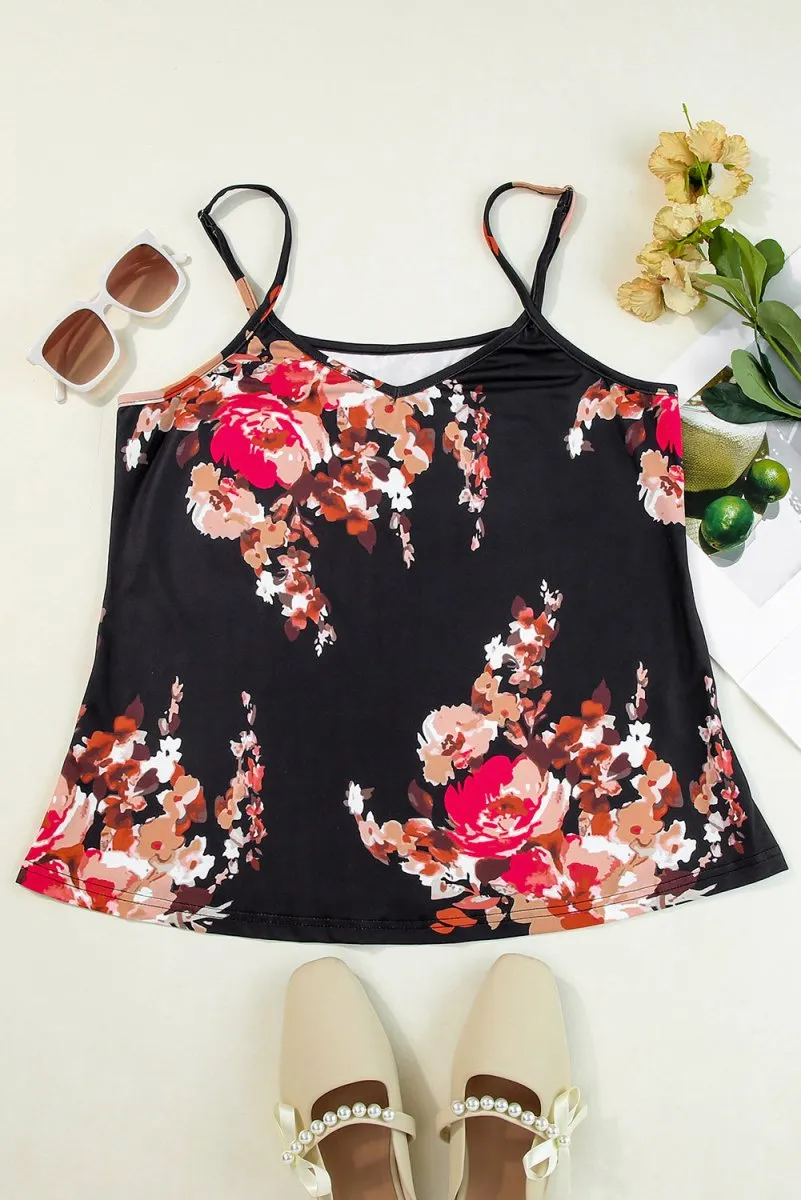 Printed Black Floral Top with Spaghetti Straps