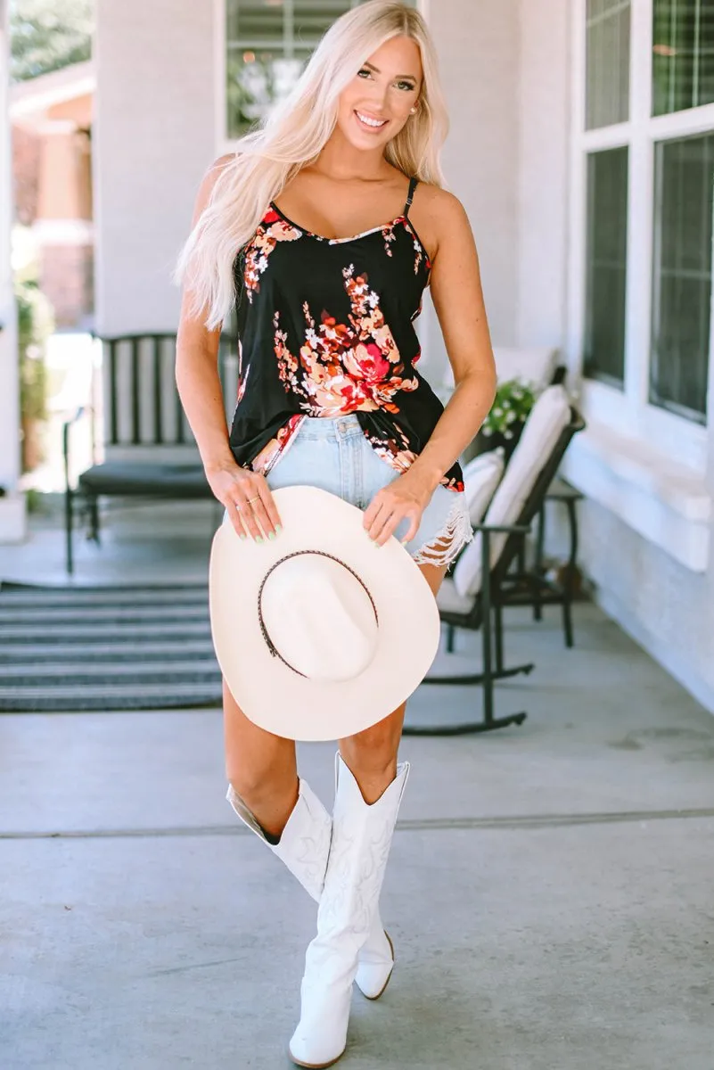 Printed Black Floral Top with Spaghetti Straps