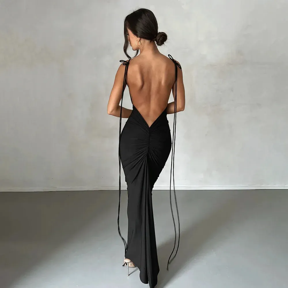 Sexy Draped Prom Maxi Dress with Backless Design