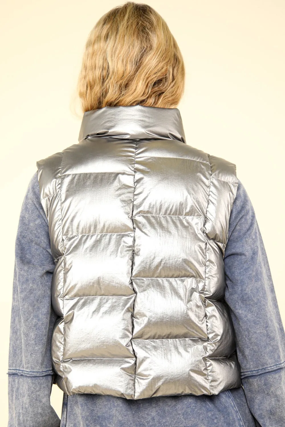 Shiny Metallic Zip Up Puffer Vest