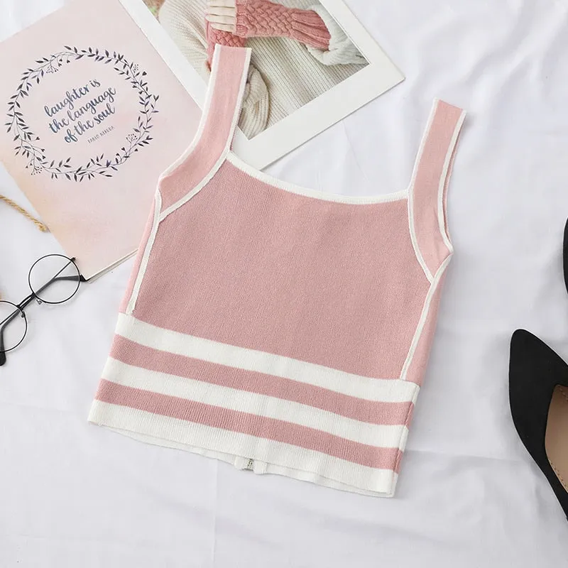 Striped Zip-Up Knit Tank Tops