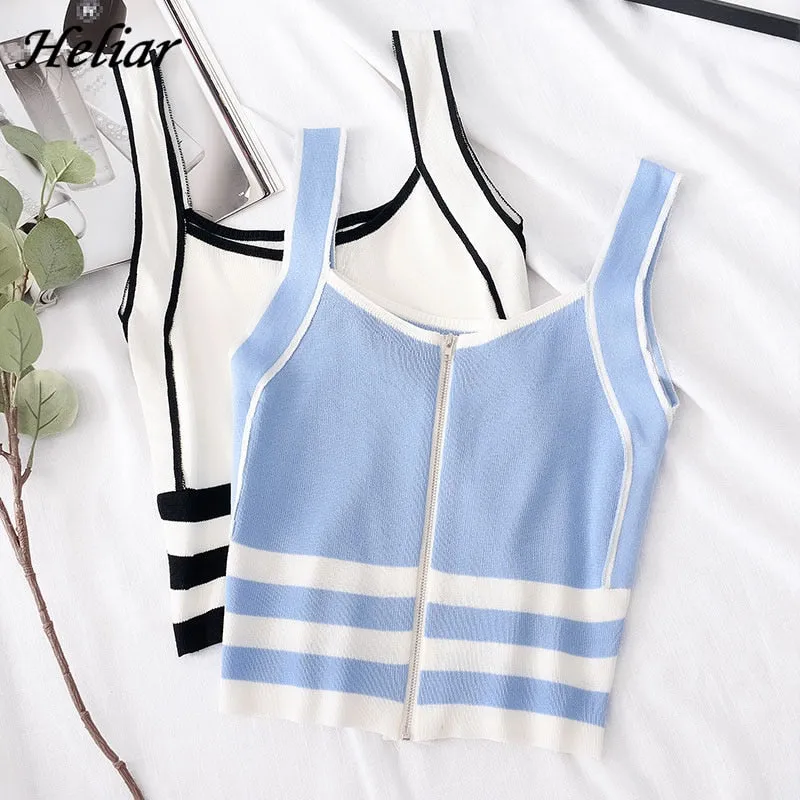 Striped Zip-Up Knit Tank Tops