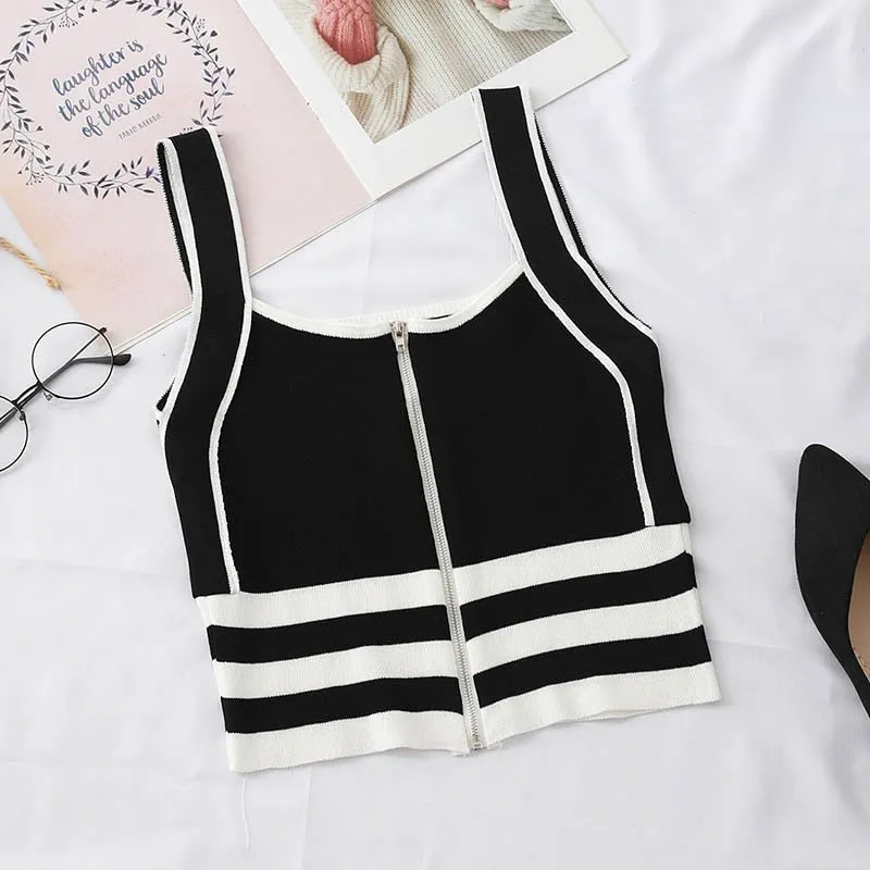 Striped Zip-Up Knit Tank Tops