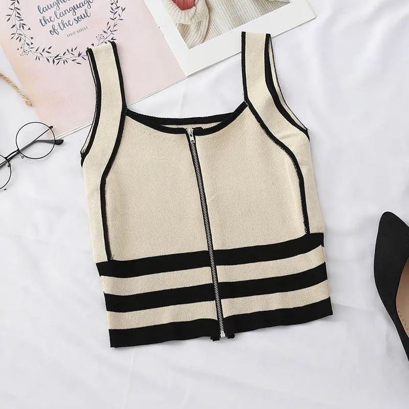 Striped Zip-Up Knit Tank Tops