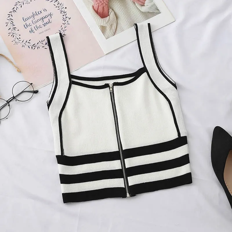 Striped Zip-Up Knit Tank Tops