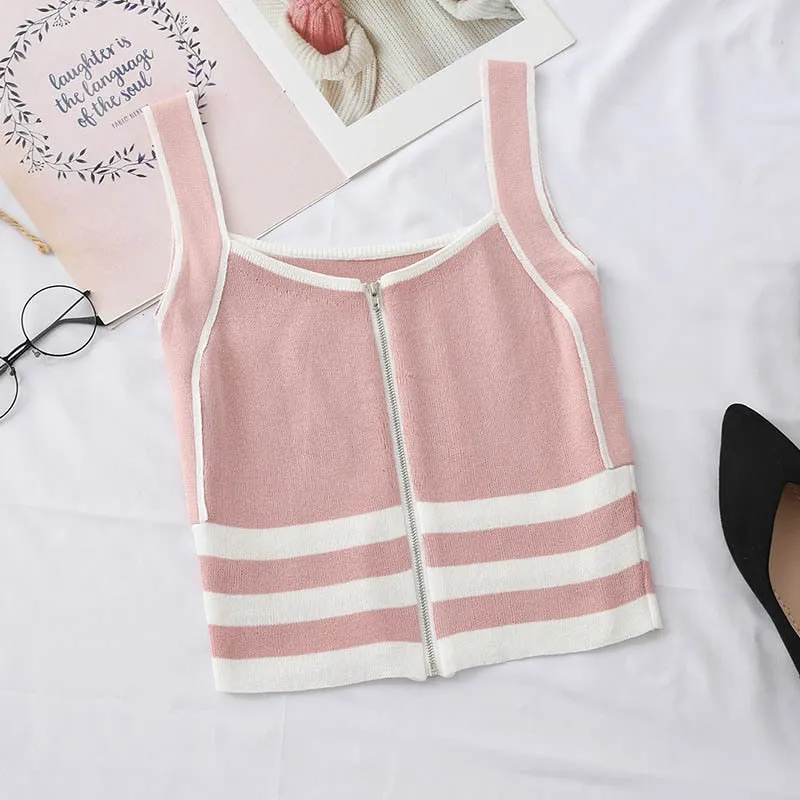 Striped Zip-Up Knit Tank Tops