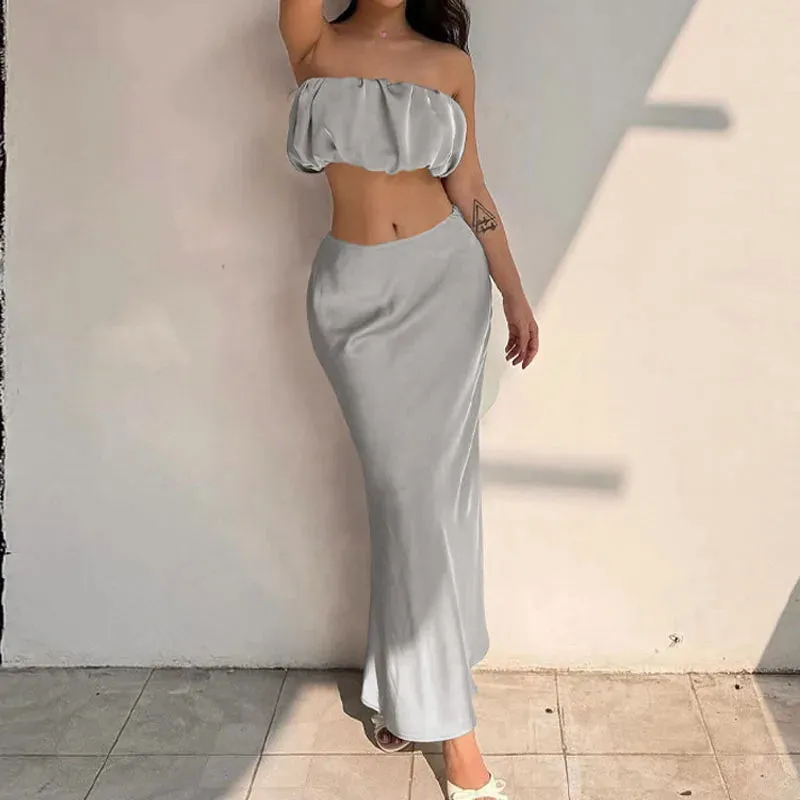 Suit Sexy Crop Women Satin Piece One-Shoulder Slim Maxi Two Top Skirt Dress