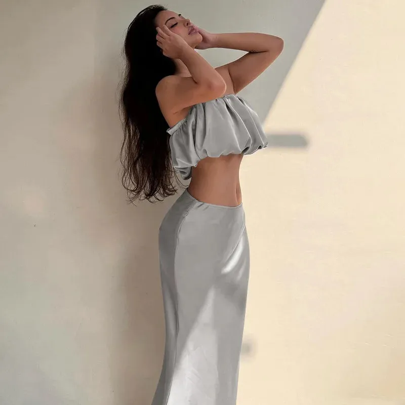 Suit Sexy Crop Women Satin Piece One-Shoulder Slim Maxi Two Top Skirt Dress