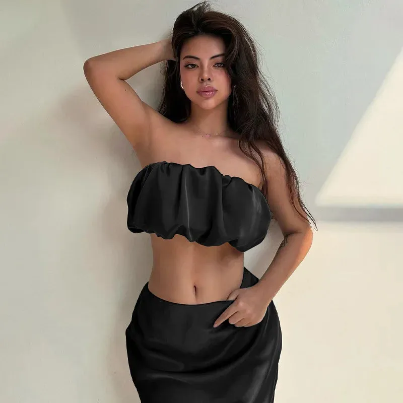 Suit Sexy Crop Women Satin Piece One-Shoulder Slim Maxi Two Top Skirt Dress