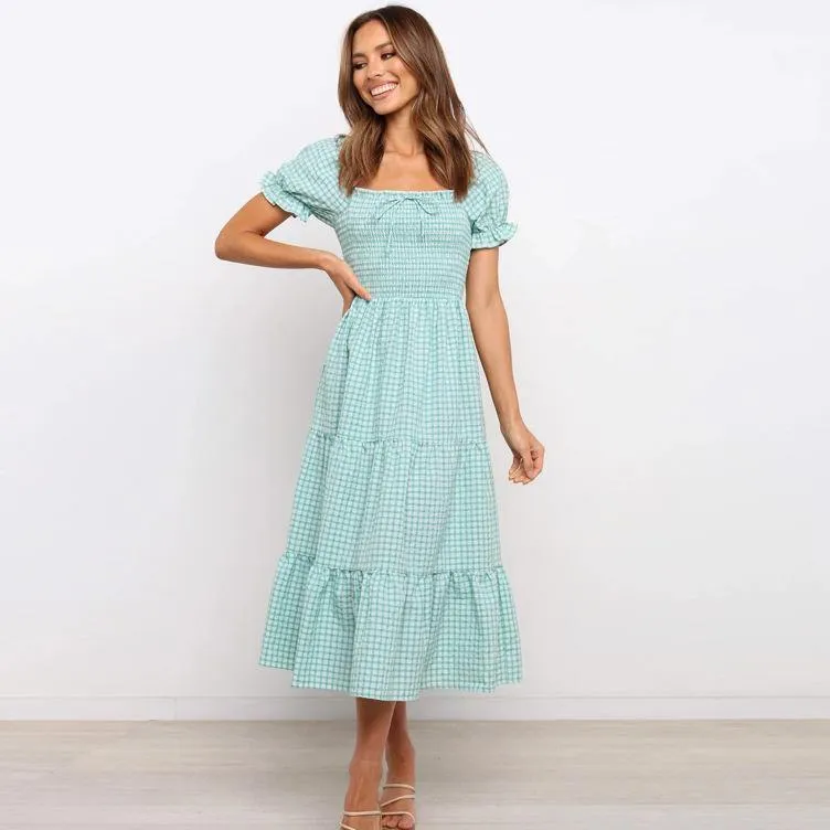 Sweet High Waist Light Green Plaid Long Dresses