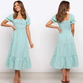 Sweet High Waist Light Green Plaid Long Dresses