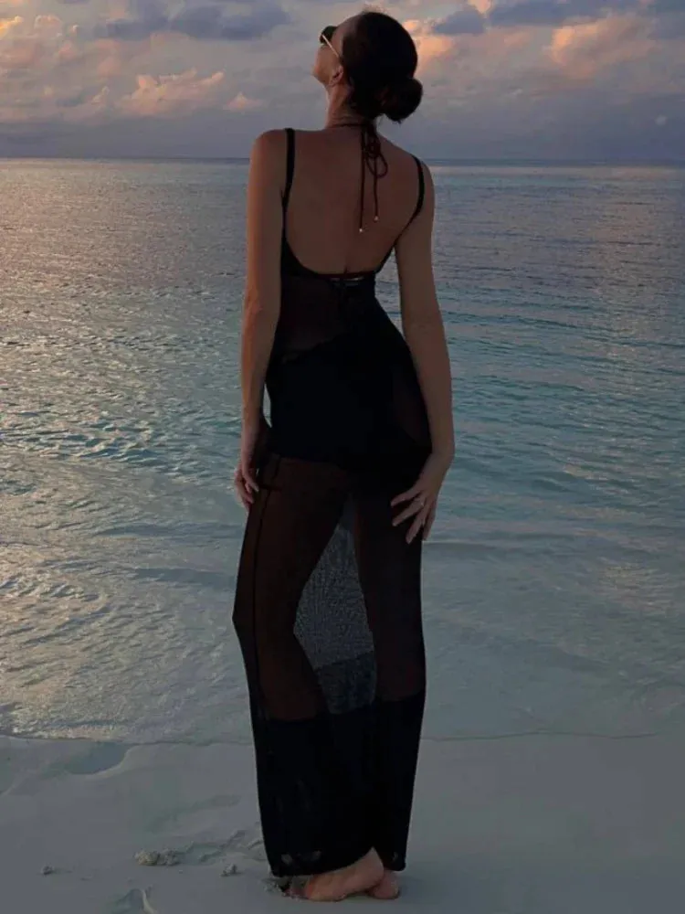 Through Cover-up Maxi Knitted Backless Women See Sexy Beach Mesh Dress Dress