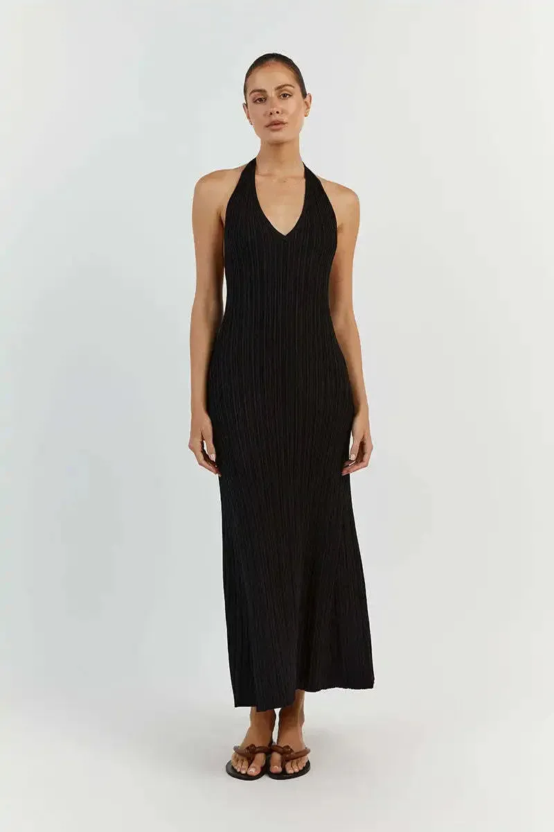 V Neck Maxi Dress with Halter Plunge